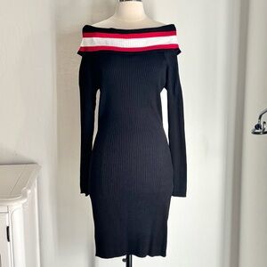 LA Hearts Black Ribbed Bodycon Off-Shoulder Stripe Accent Dress, XL